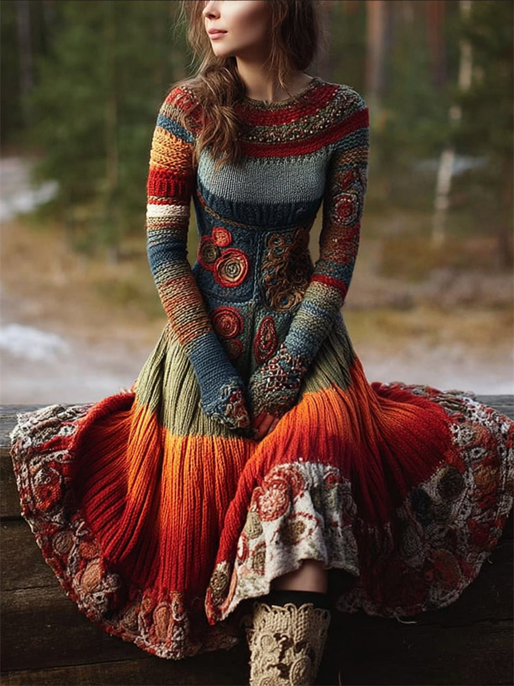 Boho Floral Crochet Geometric Colorblock Maxi Sweater Dress elevenforest