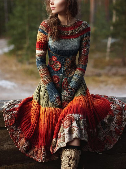 Boho Floral Crochet Geometric Colorblock Maxi Sweater Dress elevenforest