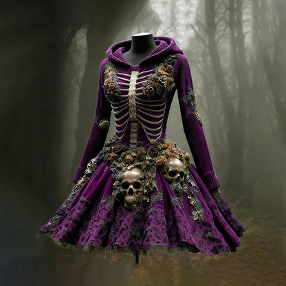 Women's Halloween Skull Flower Moss Witch Sweater Dress artswardrobe