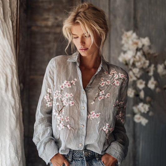 Women's Vintage Plum Blossom Embroidered Floral Linen Long Sleeve Shirt elevenforest