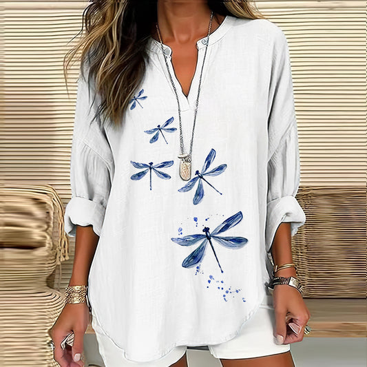 Women's Watercolor Dragonfly Print Casual Shirt elevenforest