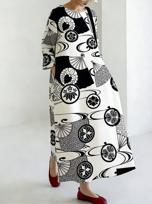 Comstylish Japanese Fan And Totem Print Dress