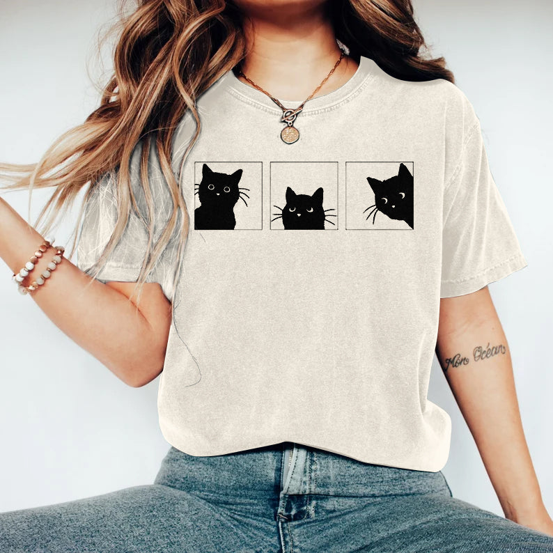 Women's Abstract Creative Cute Black Cat Art Print T-shirt elevenforest