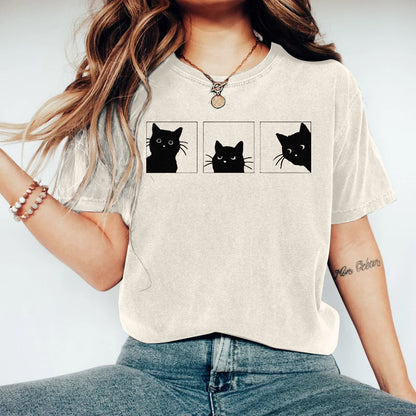 Women's Abstract Creative Cute Black Cat Art Print T-shirt elevenforest