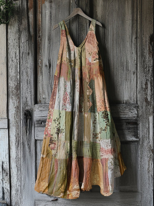Women's Vintage Floral Patchwork Cotton And Linen Dress elevenforest