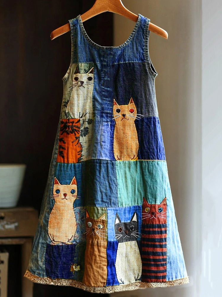 Casual Pop Art Patchwork Denim Cat Dress elevenforest