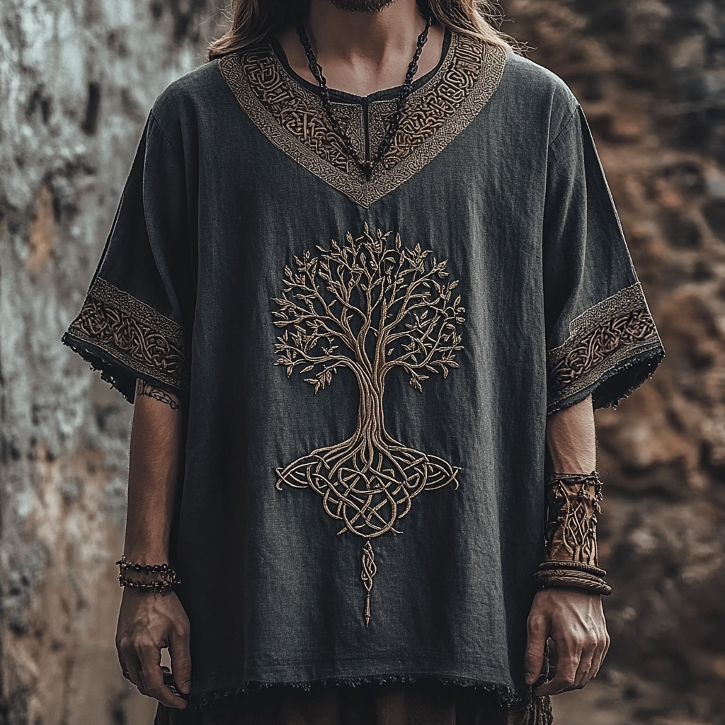 Men's Vintage Viking Tree Of Life Embroidered Crew Neck T-shirt elevenforest