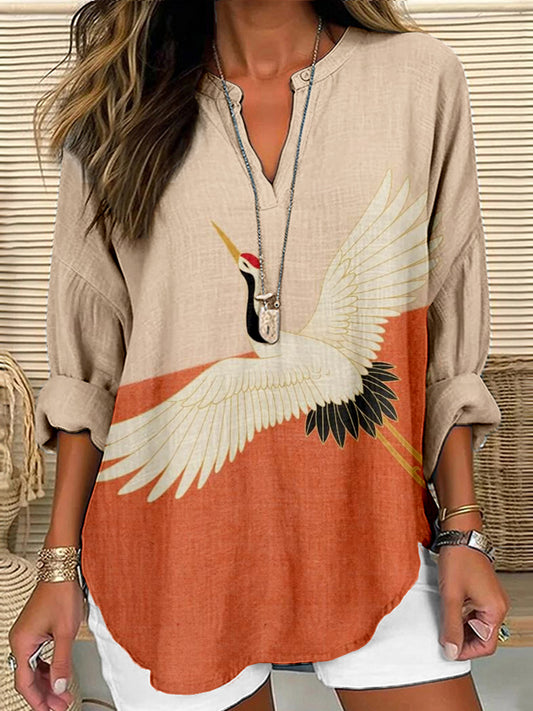 Comstylish Vintage Flying Crane Japanese Art Linen Tunic