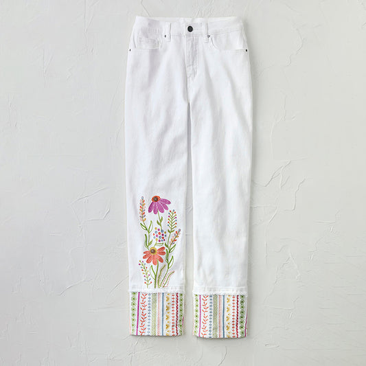Retro Colorful Flowers Embroidered Art Inspiration Design Jeans elevenforest