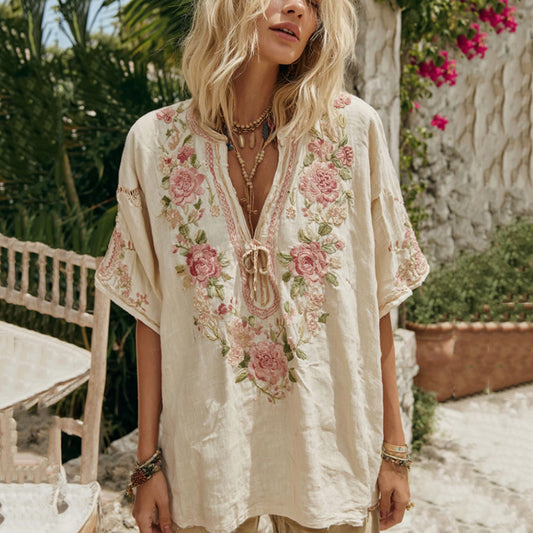 Women's Vintage Rose Floral Art V Neck Linen Comfy T-shirt elevenforest