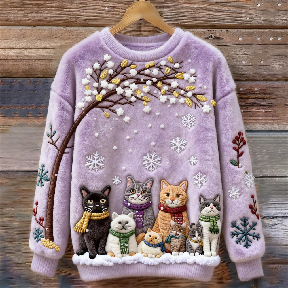 Christmas Cats Embroidery Women's Cozy Plush Sweater elevenforest