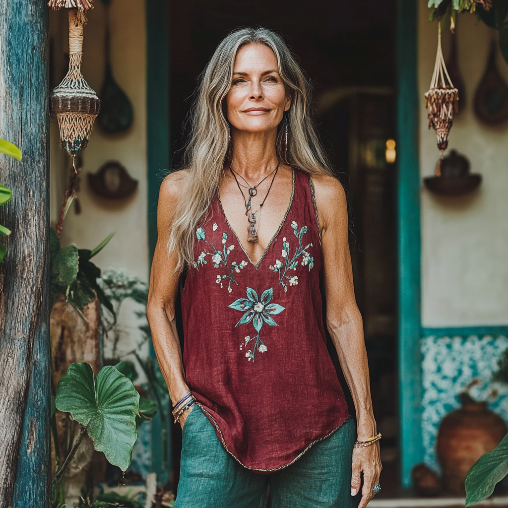 Comstylish Women's Retro Loose Gradient Bohemia Ethnic Style Linen V-neek Sleeveless Top