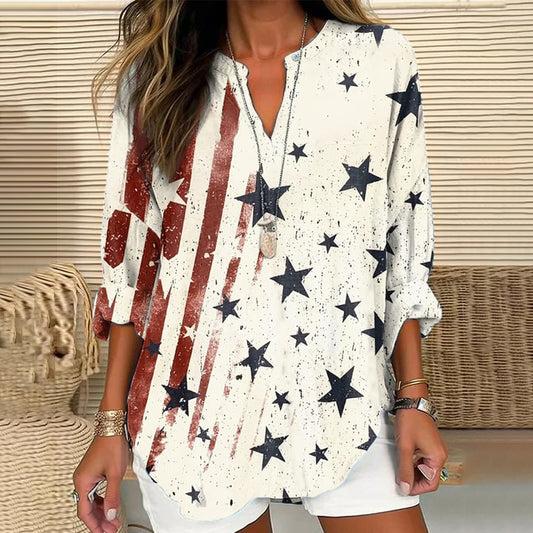 Comstylish American flag print V-neck loose blouse