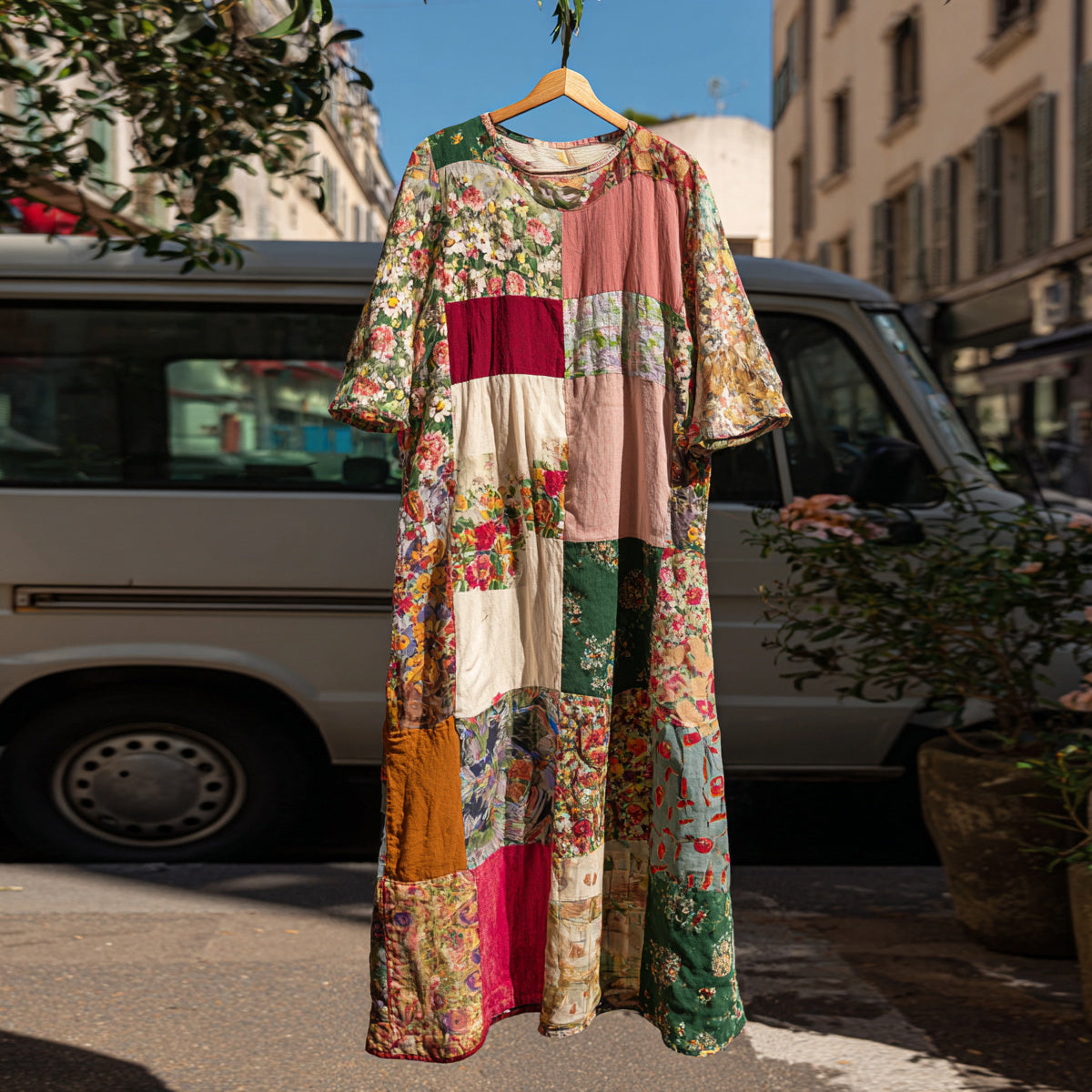 Countryside Style Collection Classy Patchwork Sunflower And Floral Pattern Art Linen Maxi Dress elevenforest