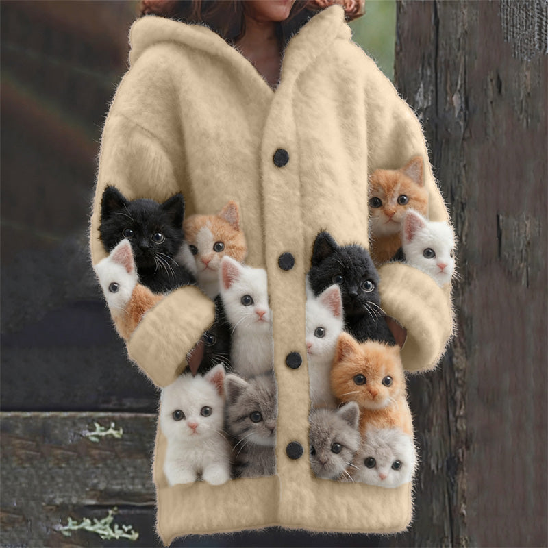 Lovely Fuzzy Cats Cozy Knit Hooded Cardigan elevenforest