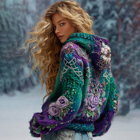 Women's Gradient Rose And Floral Knitted Warm Zipped Sweater elevenforest