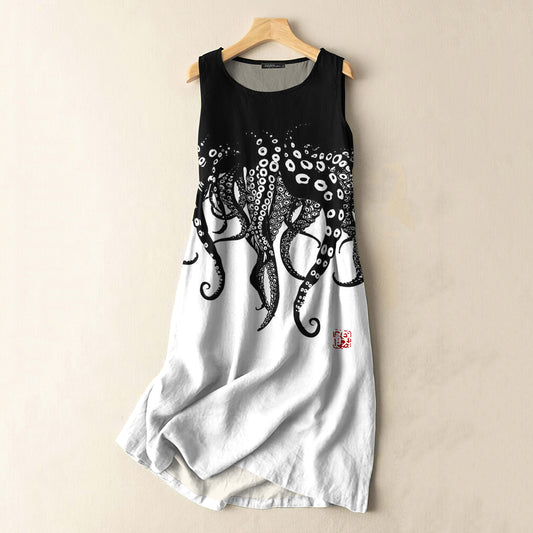 Vintage Japanese Art Octopus Legs Print Sleeveless Cotton And Linen Midi Dress elevenforest