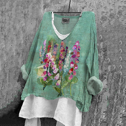 Comstylish Vintage Floral Art Linen Blend Blouse