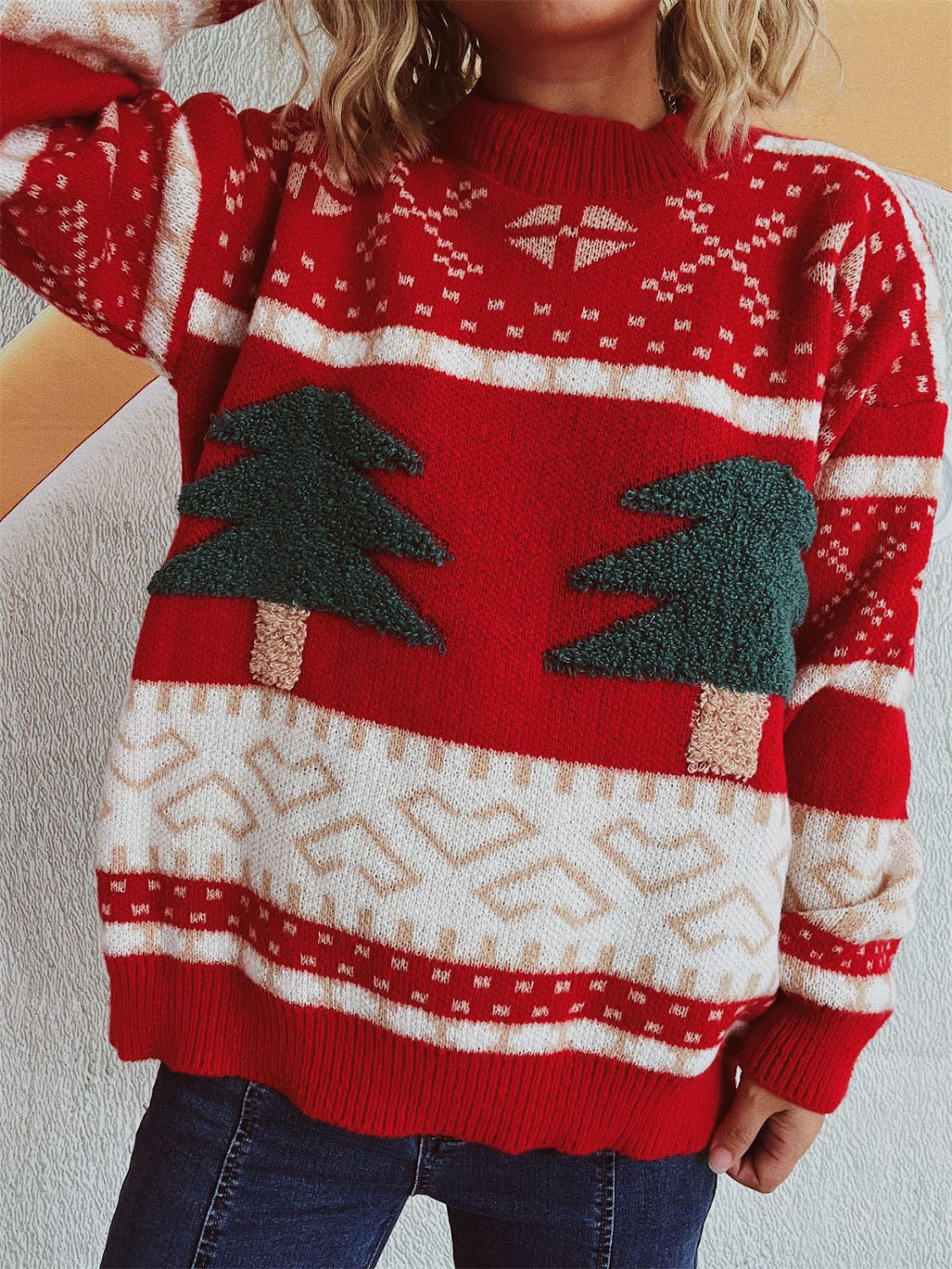 Annelies® | Long-sleeved Christmas tree sweater with stand-up collar
