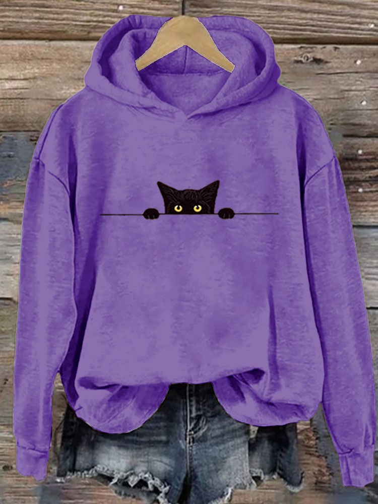Women's Casual Funny Black Cat Print Hoodie elevenforest