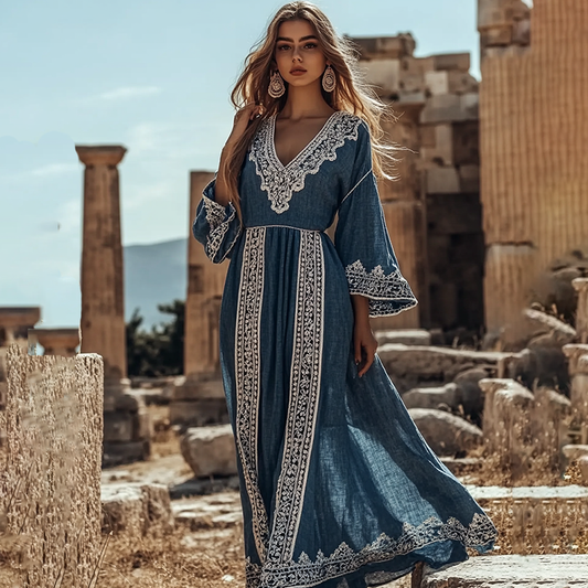 Vintage Greek-inspired V Neck Linen Blend Maxi Dress elevenforest