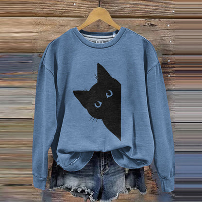 Women's Peek-A-Boo Black Cat Printed Sweatshirt elevenforest