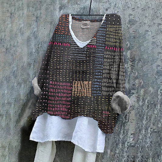 Women's Japanese Style Stitch Art Pattern Vintage Linen Shirt elevenforest