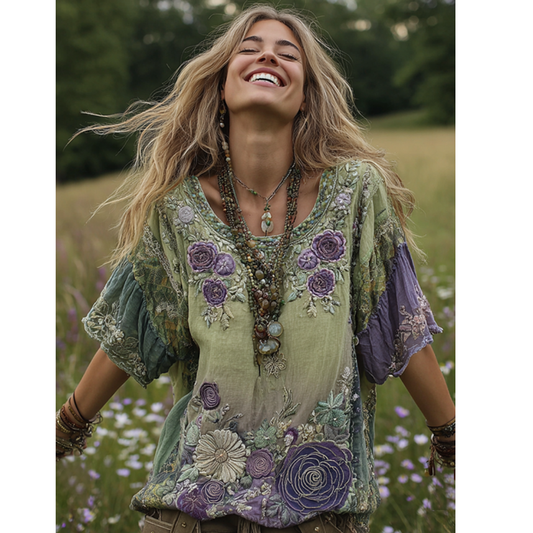 Classy Gradient Purple Lavender And Floral Embroidered Linen Short Sleeve T-shirt
