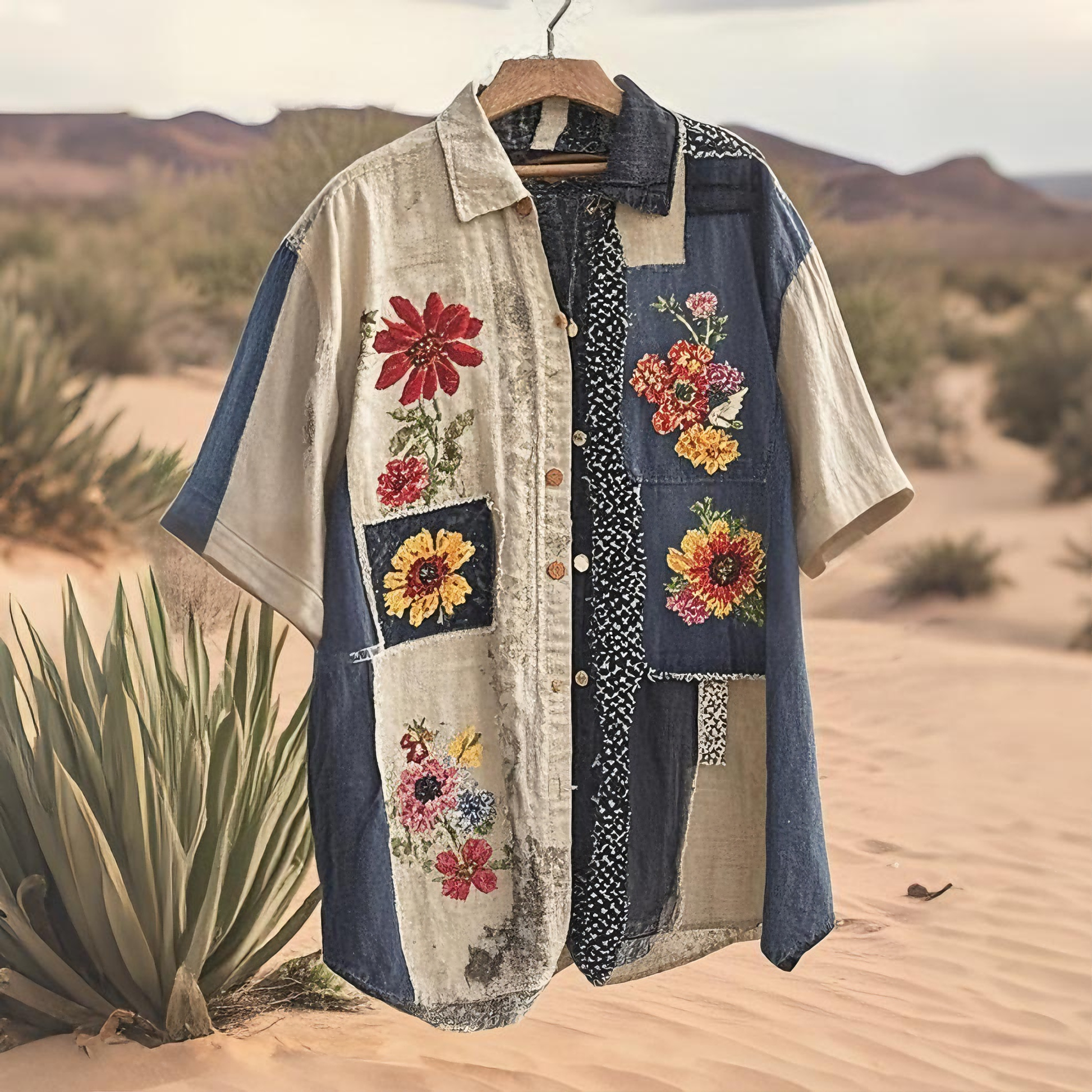 Men's Retro Floral Patchwork Art Linen Shirt elevenforest