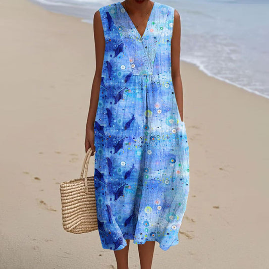 Vintage Fish Printed Linen Casual Tank Dress elevenforest