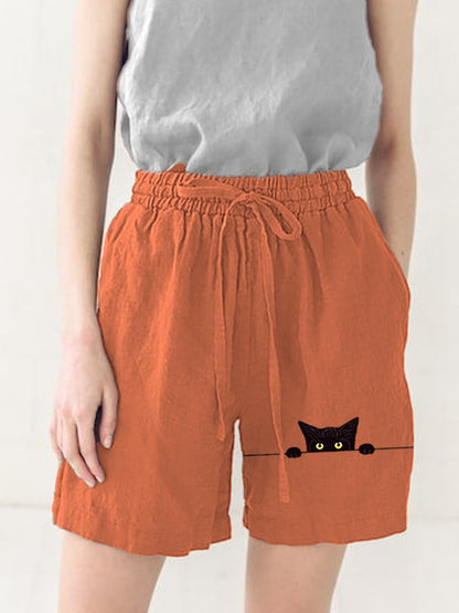 Women's Casual Funny Black Cat Print Short Pants elevenforest