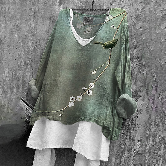 Comstylish Women's Japanese Floral & Birds Art Linen Blend T-shirt