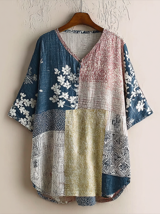 Comstylish Japanese Art Retro Geometric Patchwork Plant Flower Print Women's V-neck Cotton And Linen Top