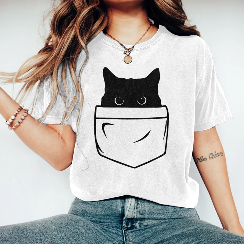 Abstract Creative Pocket Black Cat Art Print  T-shirt elevenforest