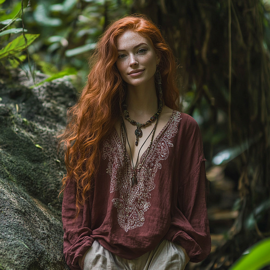 Bohemian Holiday Style Tribal Embroidery Print Cotton And Linen Blend Loose Blouse artswardrobe