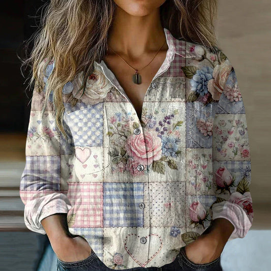 Women's Vintage Bohemian Patch Cotton And Linen Button-down Shirt elevenforest
