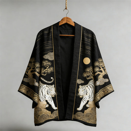 Japanese Tigers & Pine Trees Art Linen Kimono elevenforest