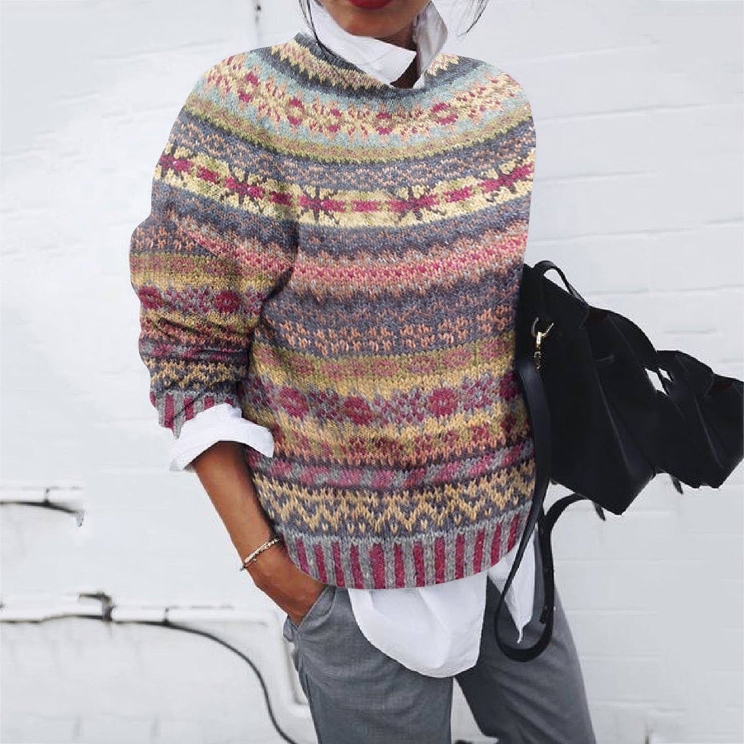 Vintage Ethnic Wavy Jacquard Contrasting Colors Printing Sweater elevenforest
