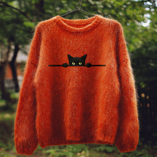 Retro Casual Halloween Funny Black Cat Embroidered Sweater elevenforest