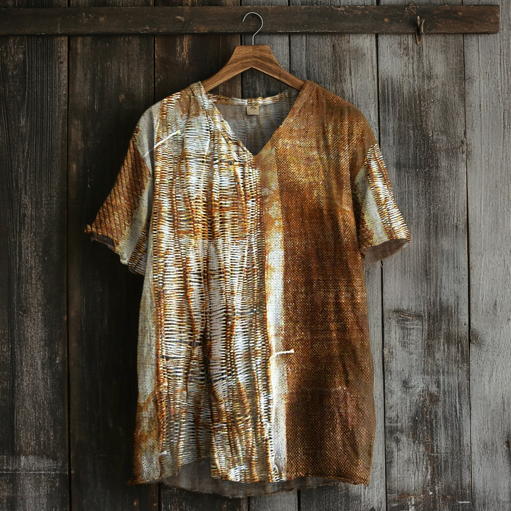 Women's Vintage Rust Dyed Art Print V-neck Linen Blend T-shirt elevenforest