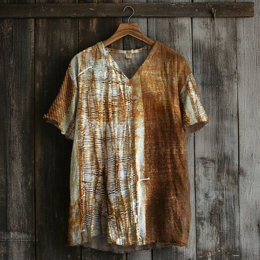 Women's Vintage Rust Dyed Art Print V-neck Linen Blend T-shirt elevenforest