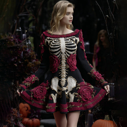 Women's Vintage Floral Skull Pattern Knit Mini Sweater Dress artswardrobe