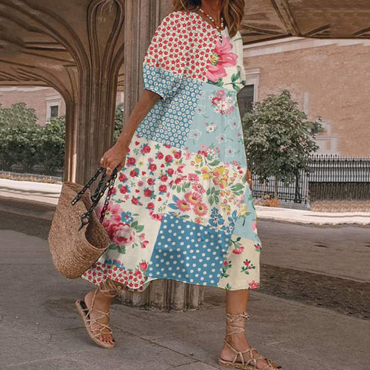 Retro Round Neck Puff Sleeve Bohemian Floral Spring Midi Dress elevenforest