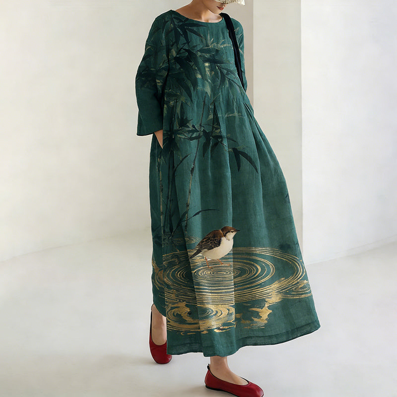 Comstylish Women's Japanese Bamboo And Bird Pattern Linen Dress