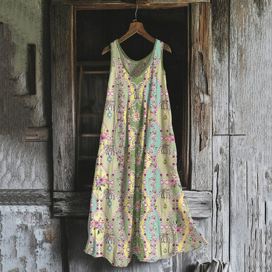 Women's Bohemian Floral Art Cotton And Linen Sleeveless Dress elevenforest
