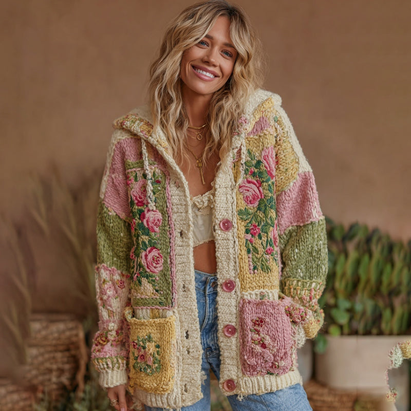 Women's Vintage Patchwork Floral Art Hooded Cardigan elevenforest