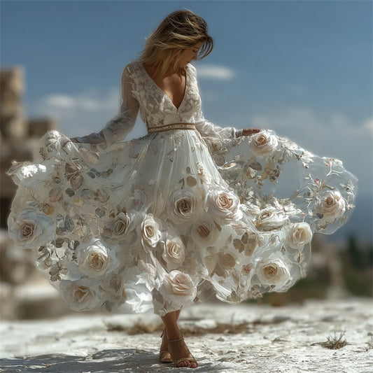 Classy White Roses Glitter Fiber Art Flowy Maxi Dress elevenforest