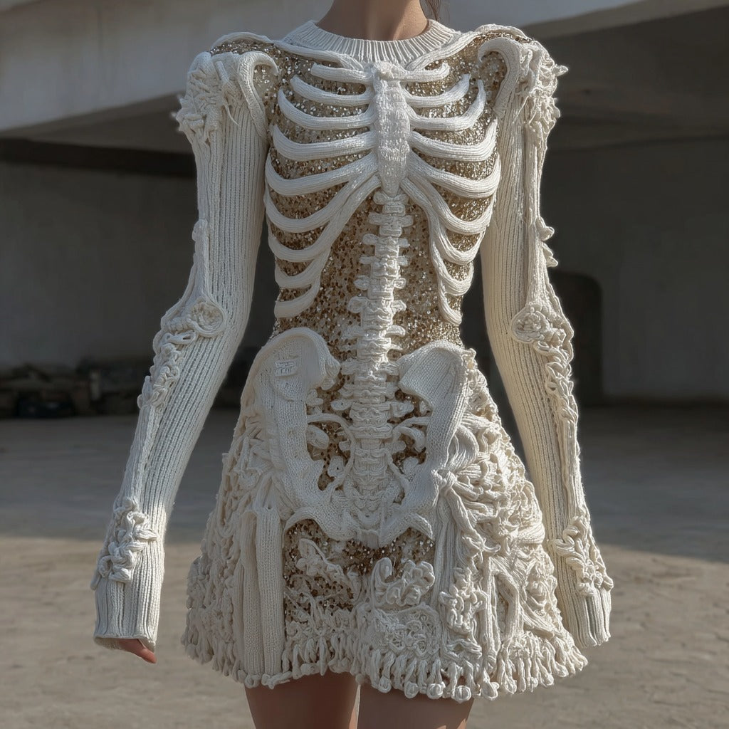 Women's Vintage Skull Floral Art Cozy Sweater Dress elevenforest