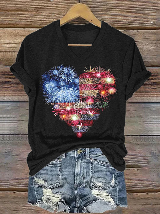 Comstylish 4th Of July American Flag Fireworks Heart T Shirt