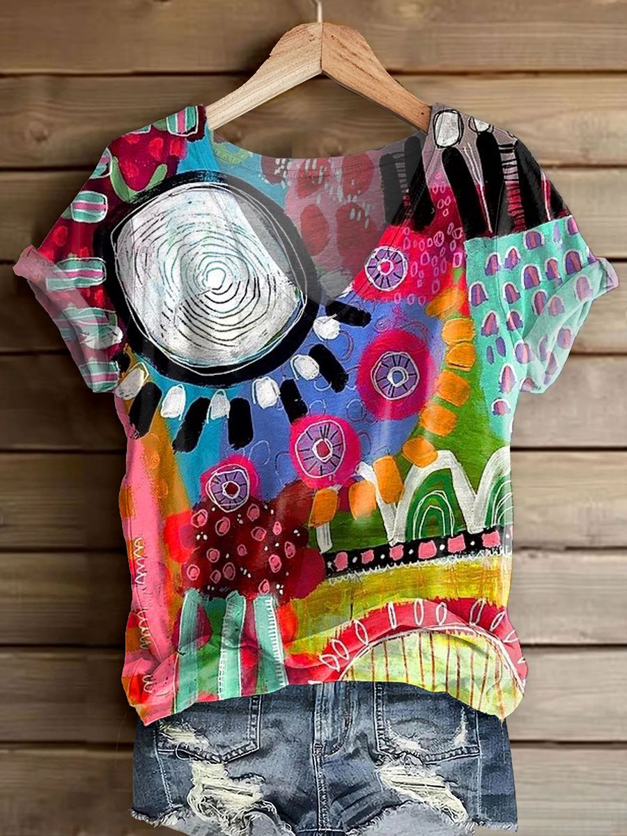 Women's Vibrant Abstract Tattoo Art Print V-Neck T-Shirt